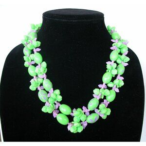 Vintage Floral Green & Purple Beaded Necklace 18" & 3" extension